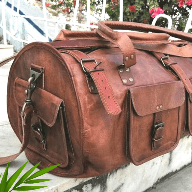 Craftshades – 3 Outer Pockets 24″ (Expandable) Edge Handcrafted Duffle Goat Leather Bag | 100% Genuine Leather