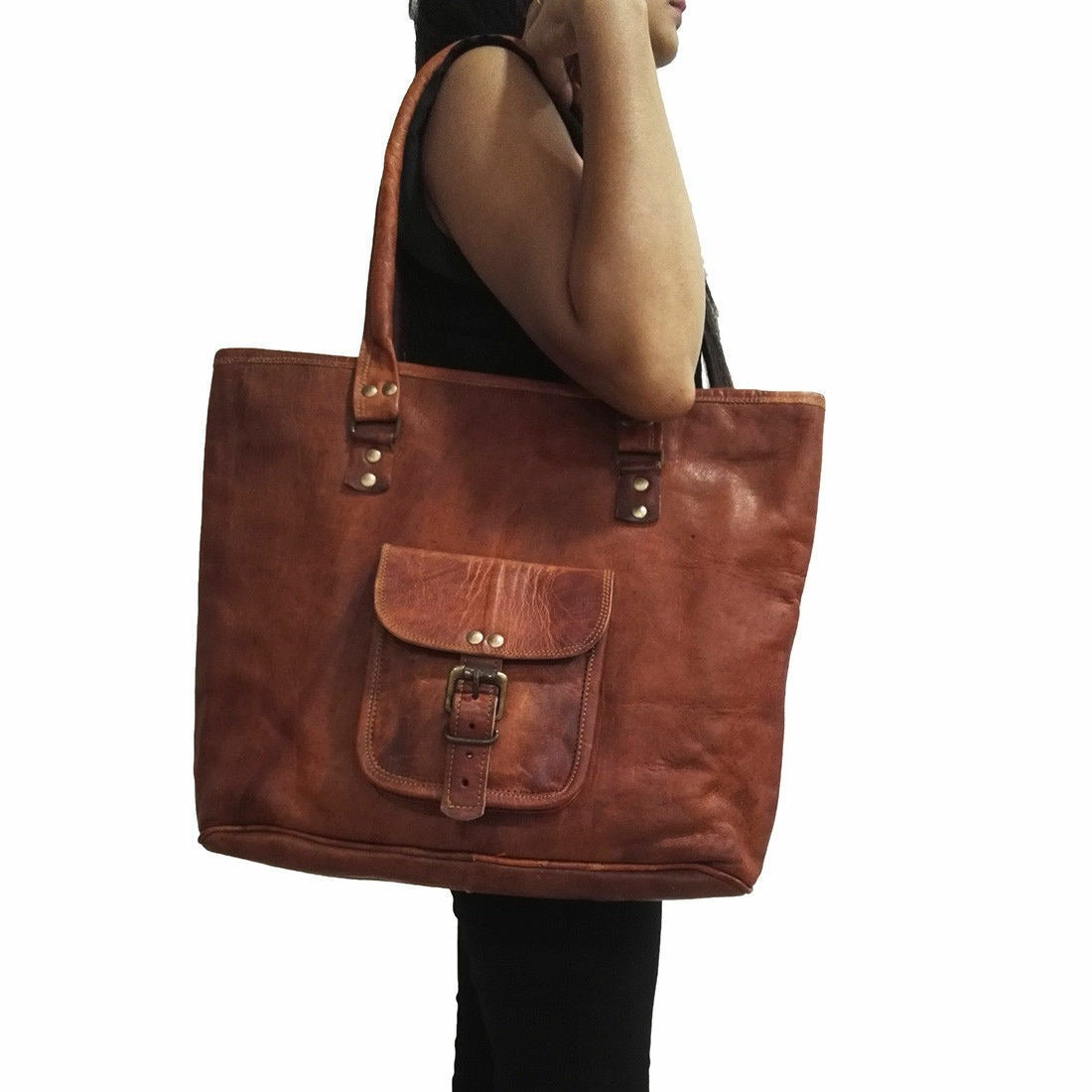 Craftshades – 16 inch Handcrafted Leather Women’s with pocket Tote Bag | 100% Genuine Leather