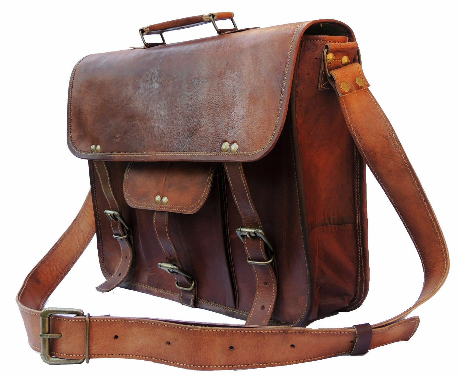 Craftshades – 13 Inch Single Pocket Double Strip Handcrafted Satchel Goat Leather Bag | 100% Genuine Leather
